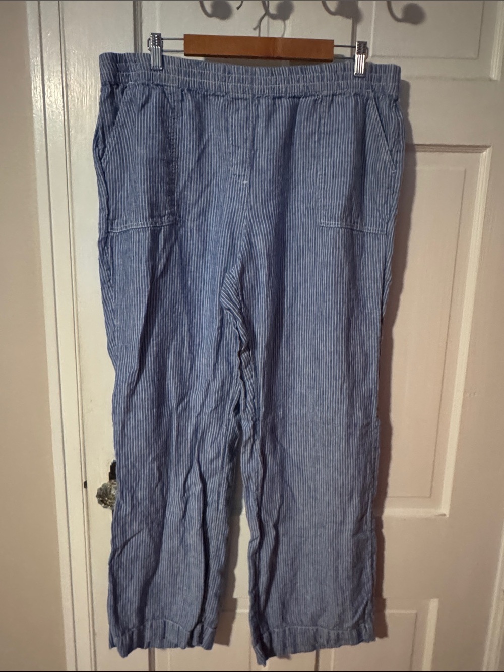 Chico's Blue and White Stripe 100% Linen Wide Leg Pants Size 16 (3) Coastal